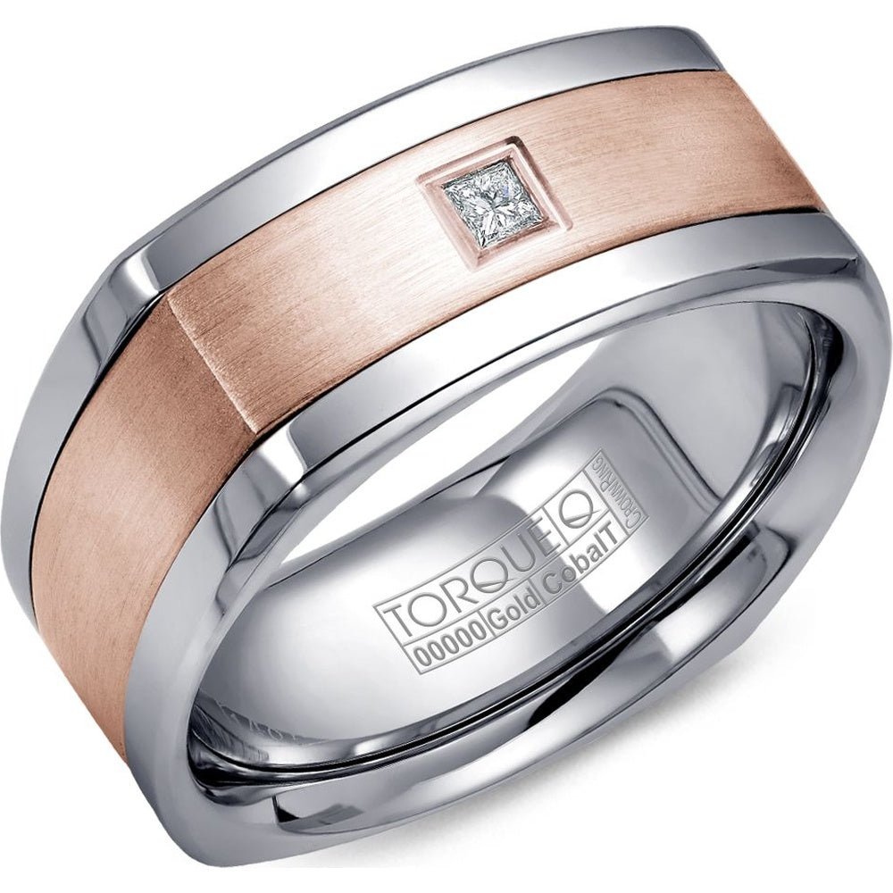 Torque Men's Wedding Band - Cobalt and 14K Rose Gold with Princess Cut Diamond and Brushed Center- 0.10 Carat Total Diamond Weight - 9mm Width from the Cobalt Collection