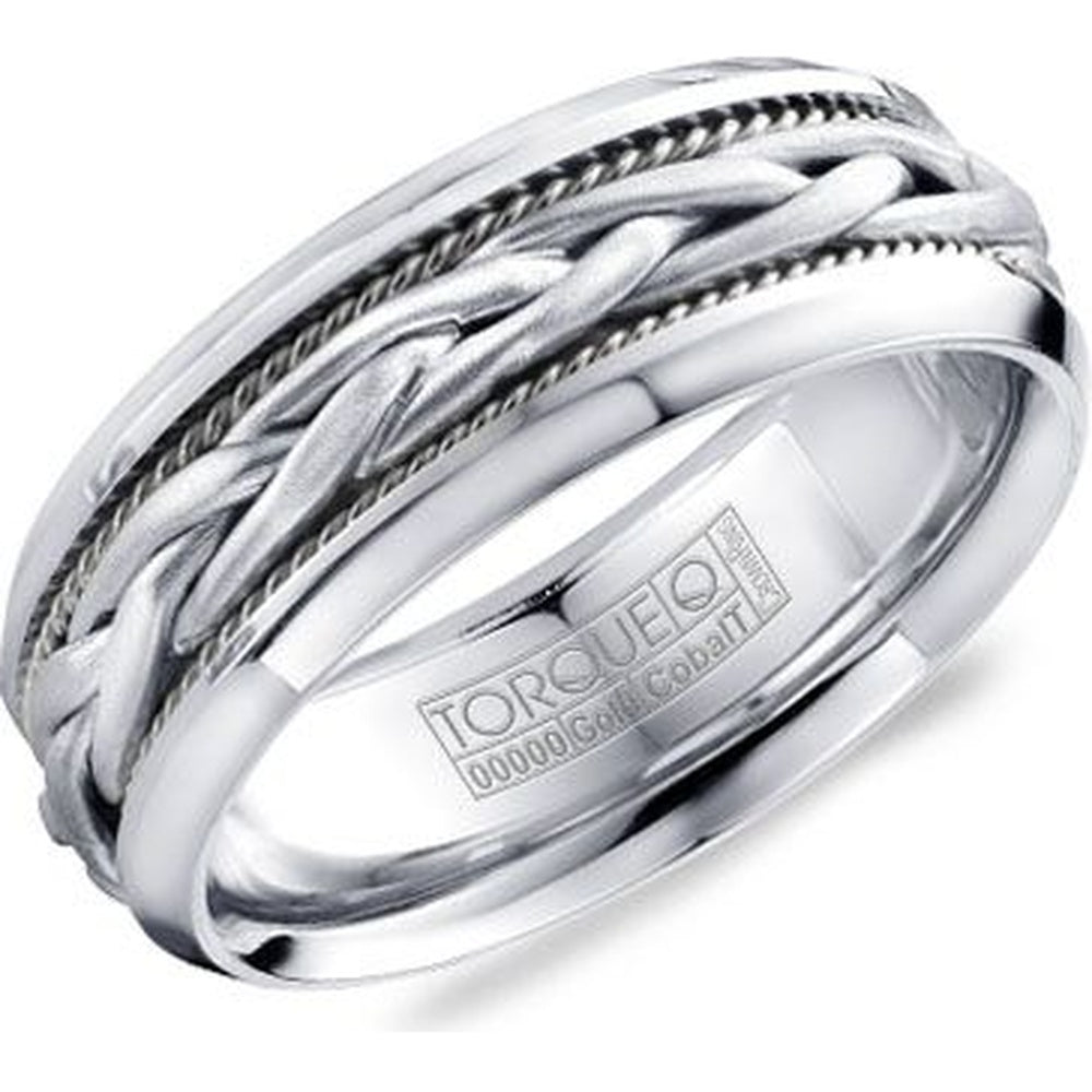 Torque Men's Wedding Band - Cobalt & 14K White Gold Braided with Sandblast Center and Polished Bevel - 7.5mm Width from the Cobalt Collection