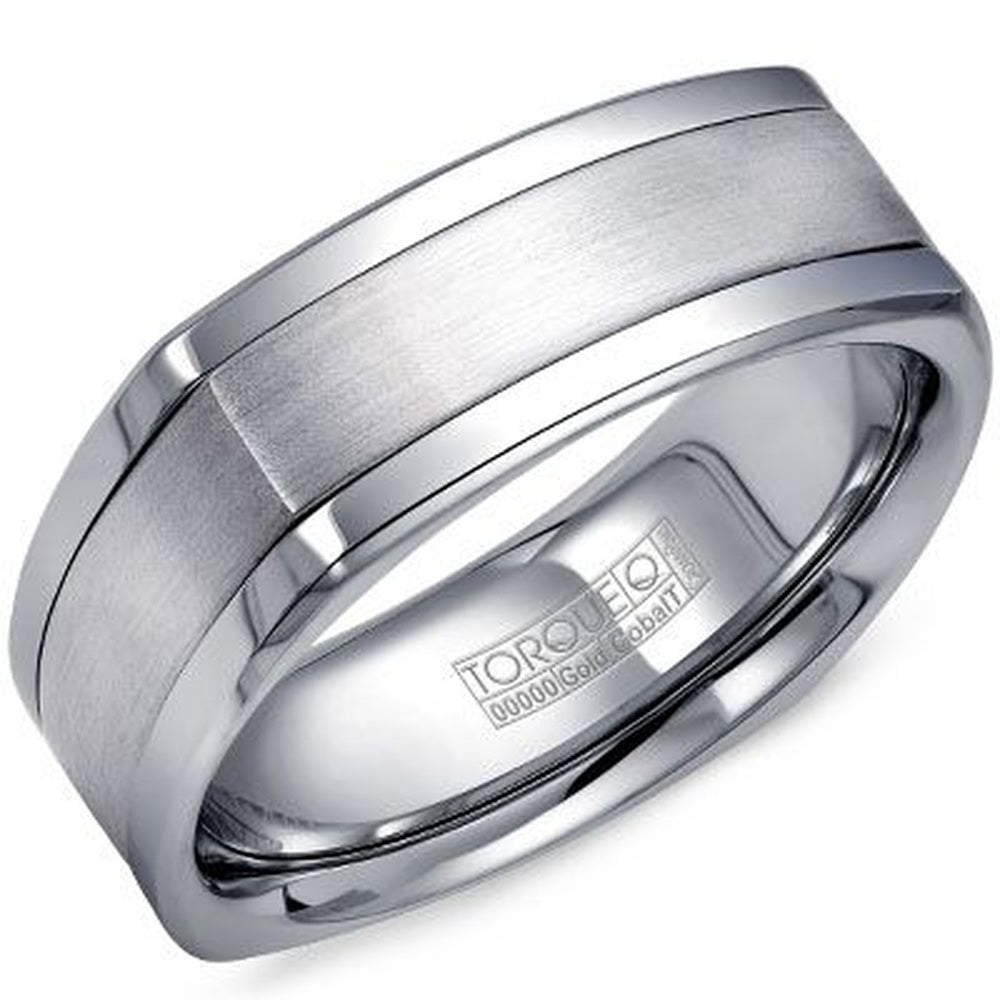 Torque Men's Wedding Band - Cobalt and 14K White Gold with Brushed Center and High Polish Bevels - 7.5mm Width from the Cobalt Collection