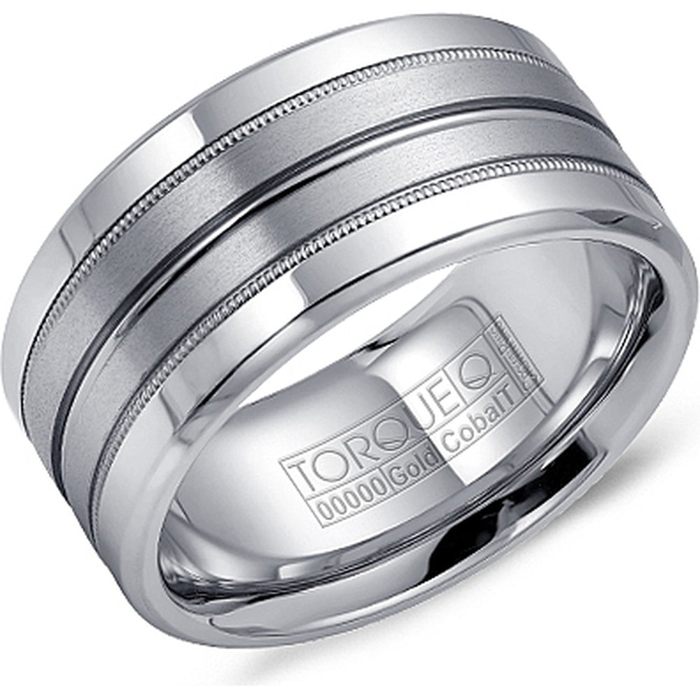 Torque Men's Wedding Band - Cobalt and 14K White Gold with Milgrain and Brushed Inlay - 10.5mm Width from the Cobalt Collection
