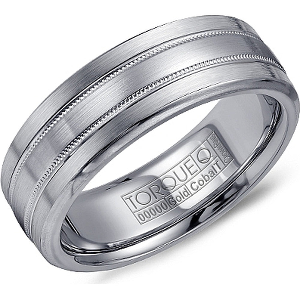 Torque Men's Wedding Band - Cobalt and 14K White Gold with Milgrain Edges and Satin Finish - 7.5mm Width from the Cobalt Collection