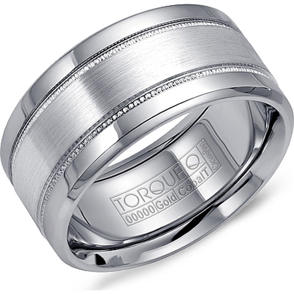 Torque Men's Wedding Band - Cobalt and 14K White Gold with Sandpaper Finish and Milgrain Beveled Edges - 10.5mm Width from the Cobalt Collection