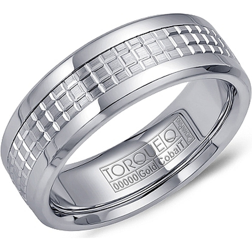 Torque Men's Wedding Band - Cobalt and 14K White Gold with Sandpaper Grid Center and High Polish Bevels - 7.5mm Width from the Cobalt Collection