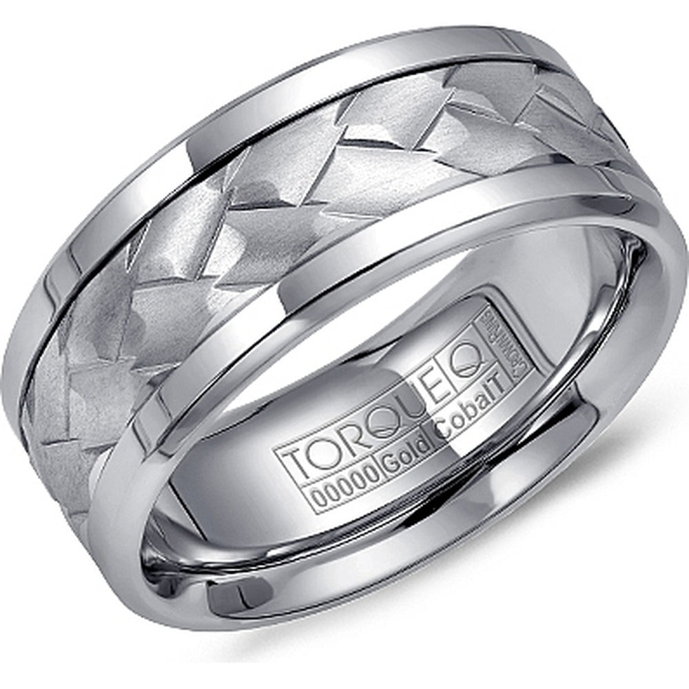Torque Men's Wedding Band - Cobalt with Braided 14K White Gold Inlay and Frosted Center - 9mm Width from the Cobalt Collection
