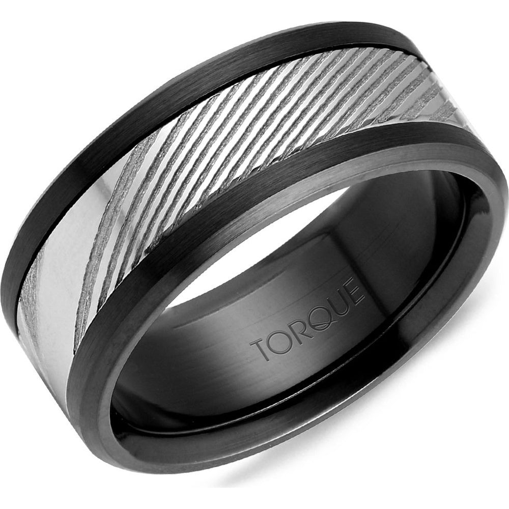 Torque Men's Wedding Band - Damascus Steel and Black Cobalt with High Polish Center and Matte Finish - 9mm Width from the Damascus Steel Collection