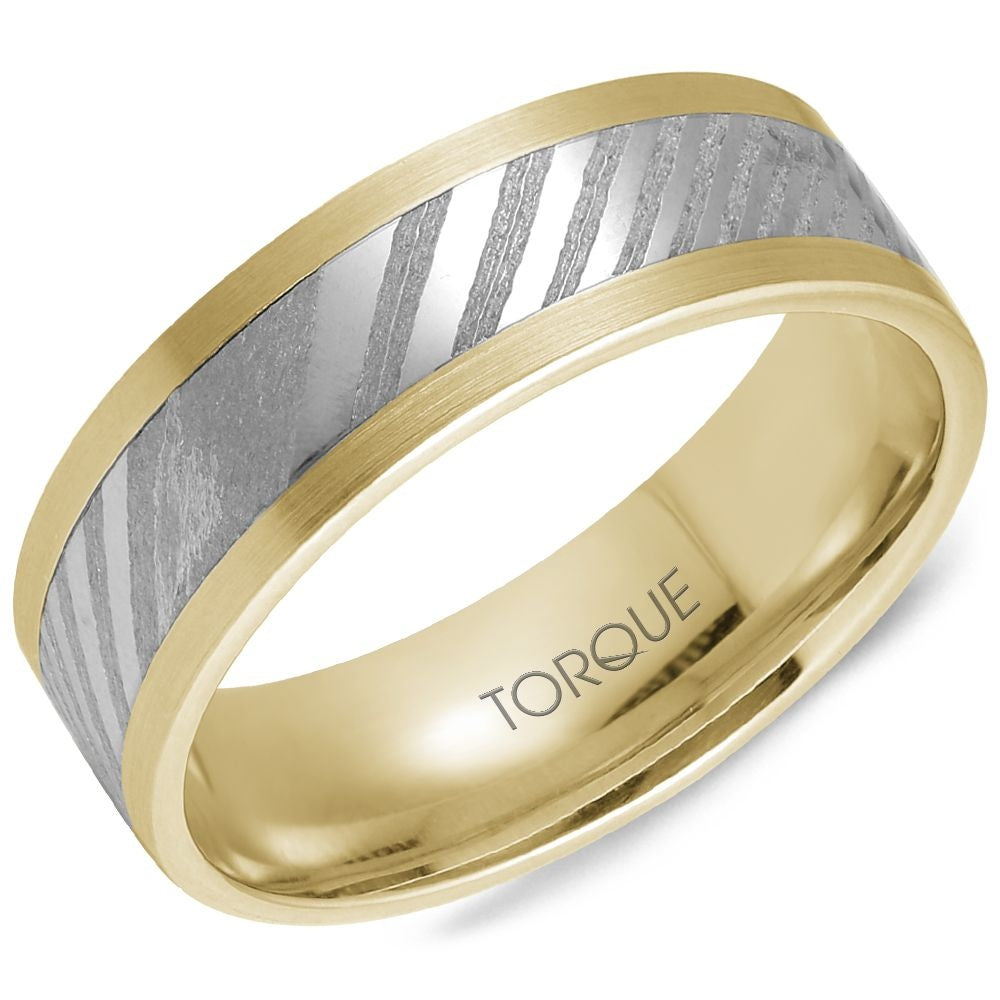 Torque Men's Wedding Band - Damascus Steel with 14K Yellow Gold Sandpaper Edges - 7mm Width from the Damascus Steel Collection