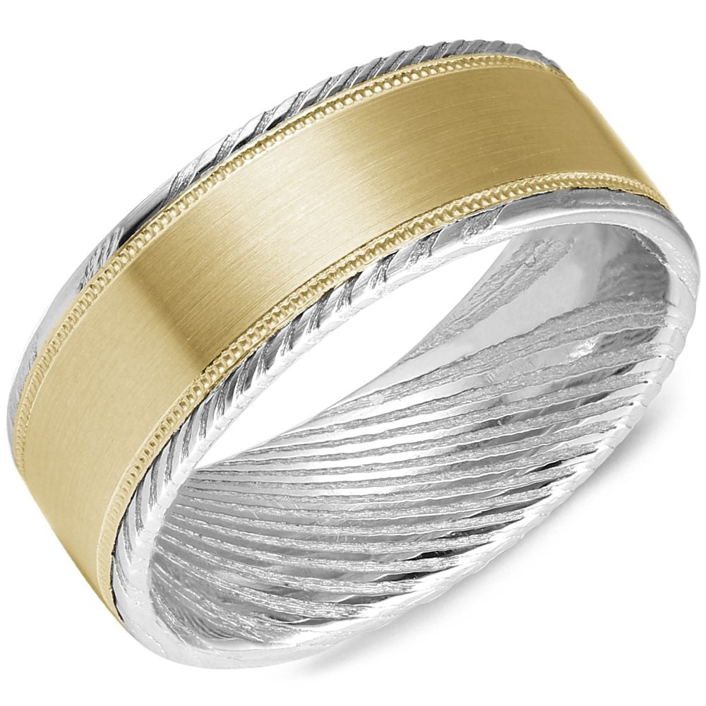 Torque Men's Wedding Band - Damascus Steel with 14K Yellow Gold Sandpaper Inlay and Milgrain Edges- Size 10 - 8mm Width from the Damascus Steel Collection