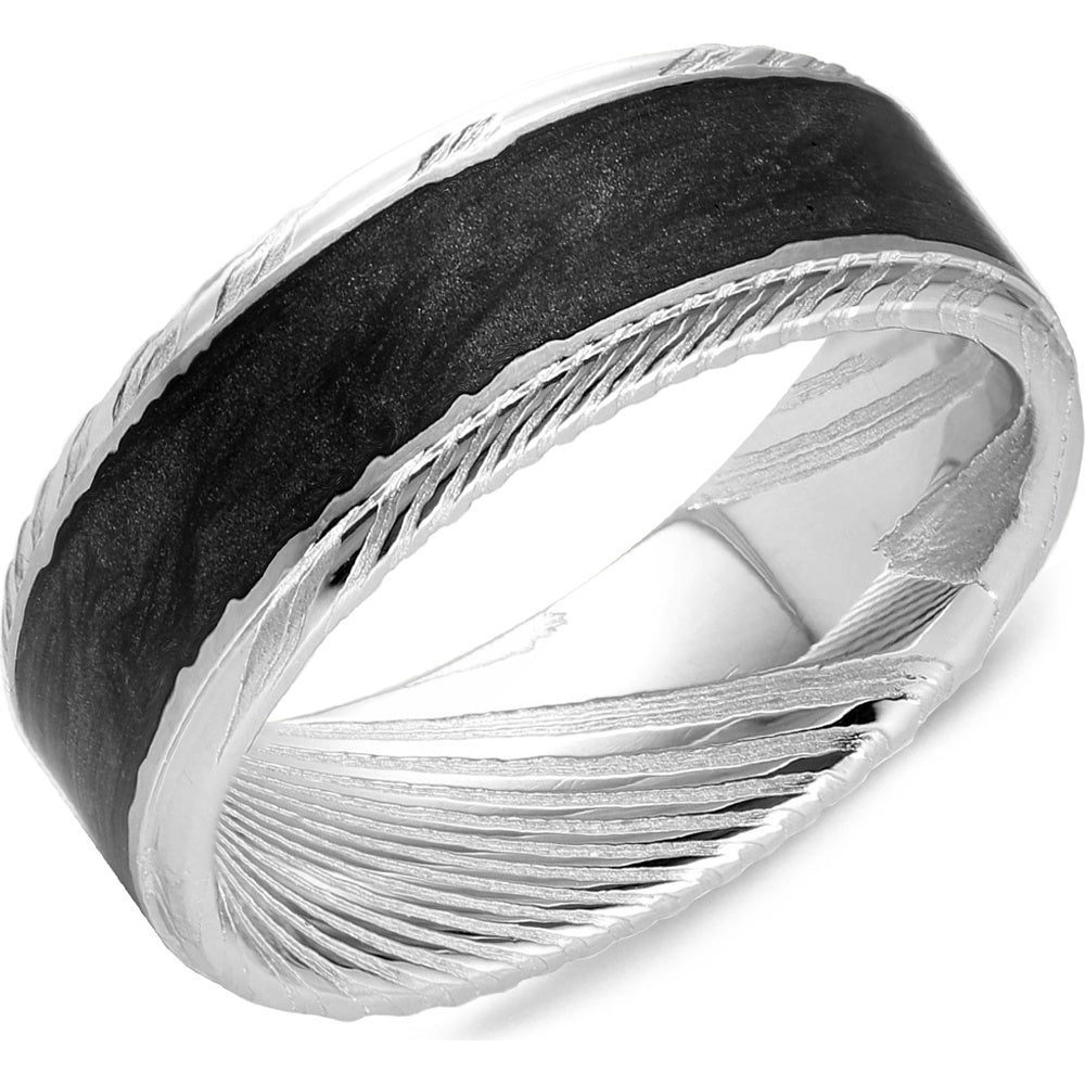 Torque Men's Wedding Band - Damascus Steel with Black Carbon Inlay and High Polish Edges - 8mm Width from the Damascus Steel Collection