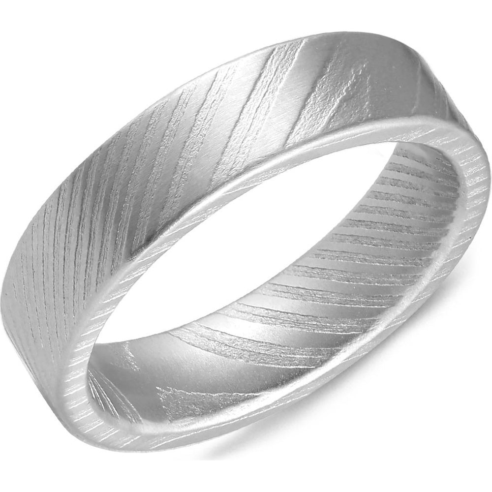 Torque Men's Wedding Band - Damascus Steel with Frosted Top and Rounded Profile - 6mm Width from the Damascus Steel Collection