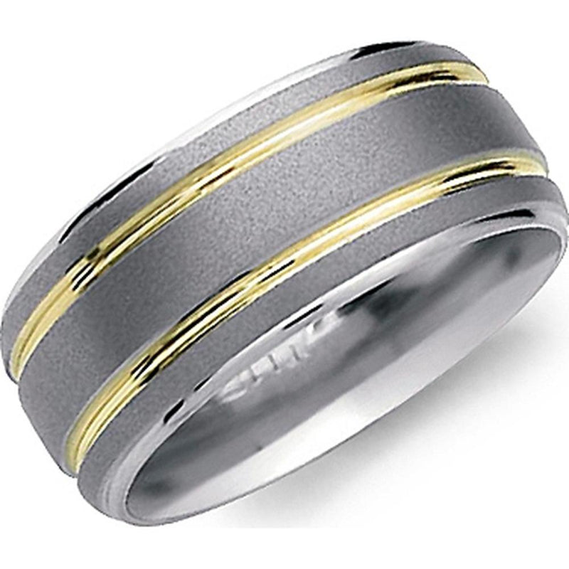 Torque Men's Wedding Band - Dual Grooved Matte Finish with Polished Yellow Gold Accents in Titanium/18K Titanium and Yellow Gold - 9mm Width from the Titanium Collection