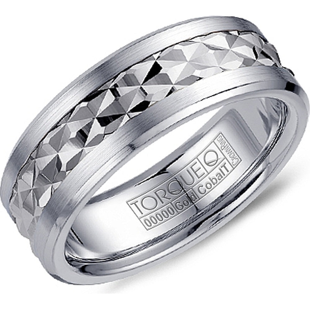Torque Men's Wedding Band - Faceted 14K White Gold Inlay and White Cobalt Edges - 7.5mm Width from the Cobalt Collection