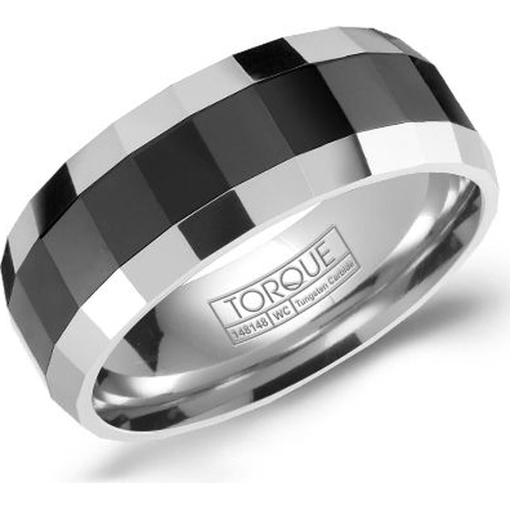 Torque Men's Wedding Band - Faceted Black Ceramic with High-Polish Tungsten in Tungsten Carbide - 8mm Width from the Black Ceramic Collection