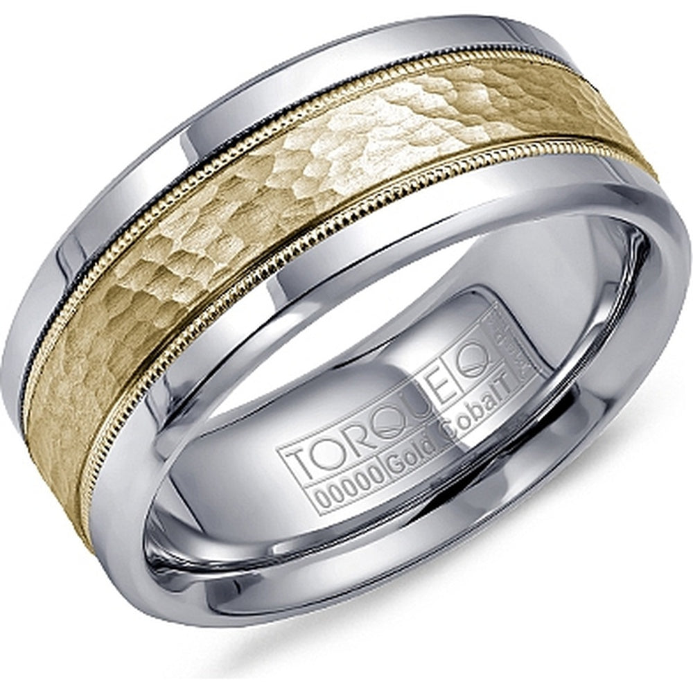 Torque Men's Wedding Band - Frosted 14K Yellow Gold Inlay and High Polish White Cobalt Edges - 9mm Width from the Cobalt Collection