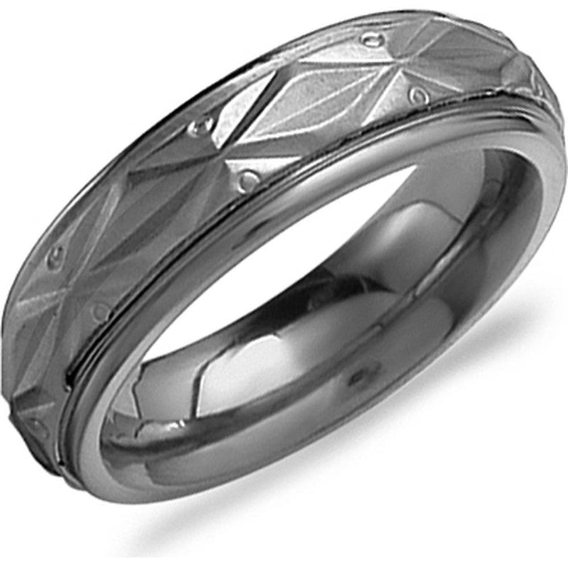 Torque Men's Wedding Band - Geometric Diamond-Cut Pattern with Matte Finish and Raised Detailing in Titanium & 18k Titanium and White Gold - 7mm Width from the Titanium Collection