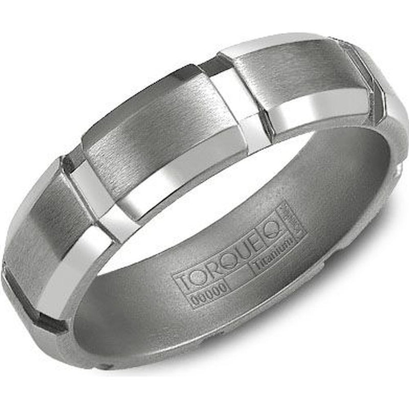 Torque Men's Wedding Band - Geometric Segmented Brushed Center with Polished Beveled Edges in Titanium Titanium - 6mm Width from the Titanium Collection