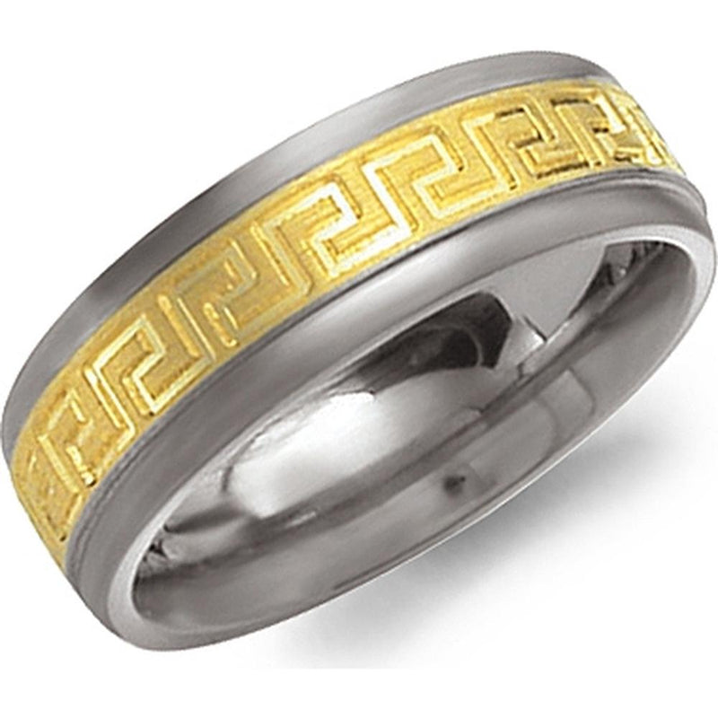 Torque Men's Wedding Band - Greek Key Engraved Geometric Pattern with Brushed Finish and Stepped Polished Edges in Titanium & 18k Titanium and Yellow Gold - 7mm Width from the Titanium Collection