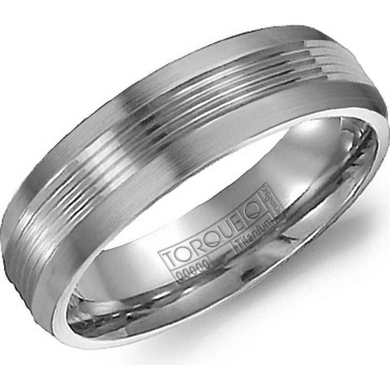 Torque Men's Wedding Band - Grooved Satin-Finish Ridged Edge Detailing in Titanium Titanium - 6mm Width from the Titanium Collection