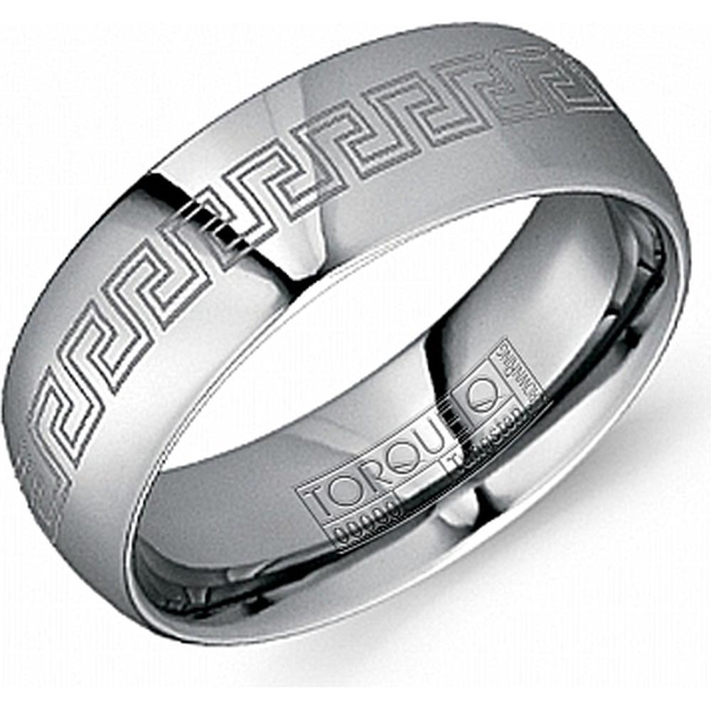 Torque Men's Wedding Band - High-Polish Finish with Engraved Greek Key Pattern in Tungsten Carbide - 8mm Width from the Tungsten Carbide Collection