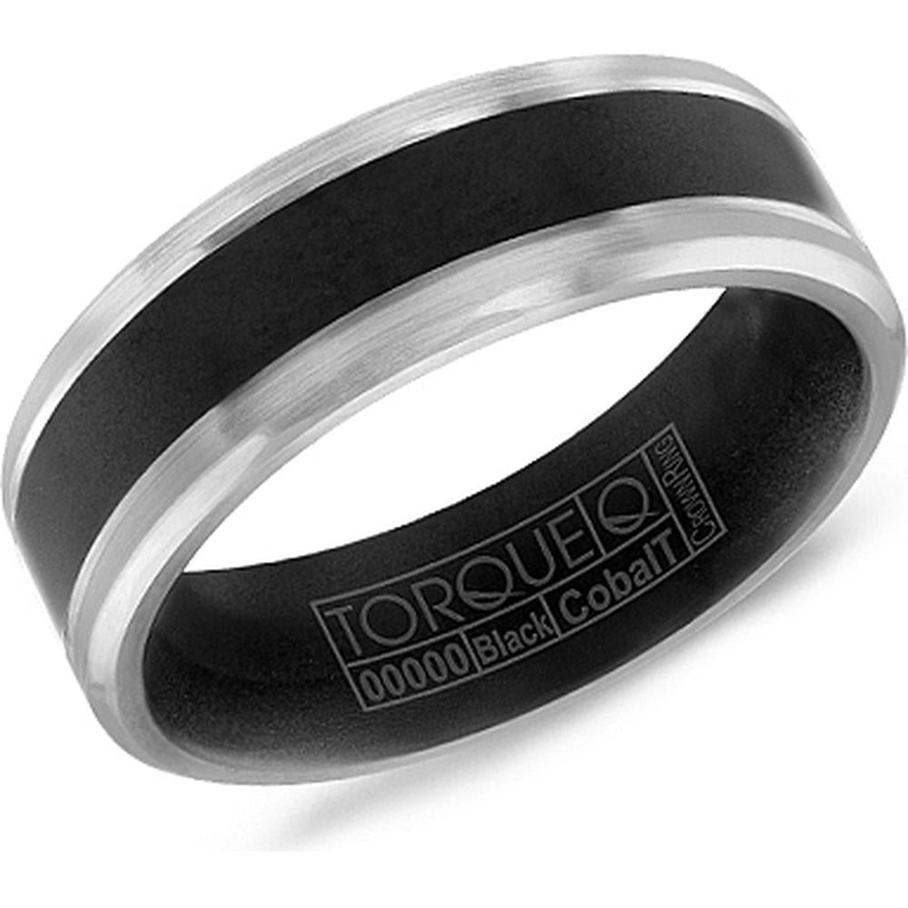 Torque Men's Wedding Band - Matte Black Band with Brushed Silver Edges and Dual Grooves in Black & White Cobalt - 7mm Width from the Black Cobalt Collection