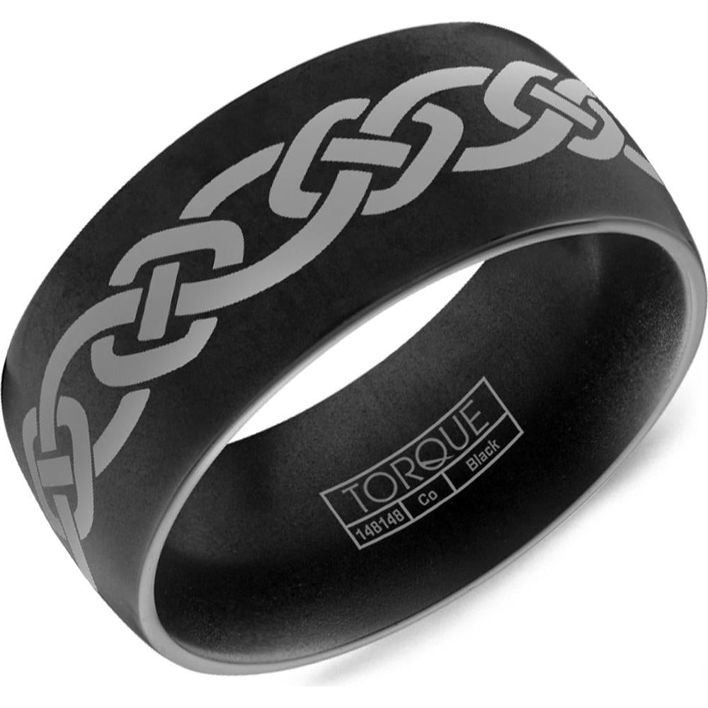 Torque Men's Wedding Band - Matte Black Band with Laser-Etched Silver Celtic Knot Design in Black Cobalt - 9mm Width from the Black Cobalt Collection