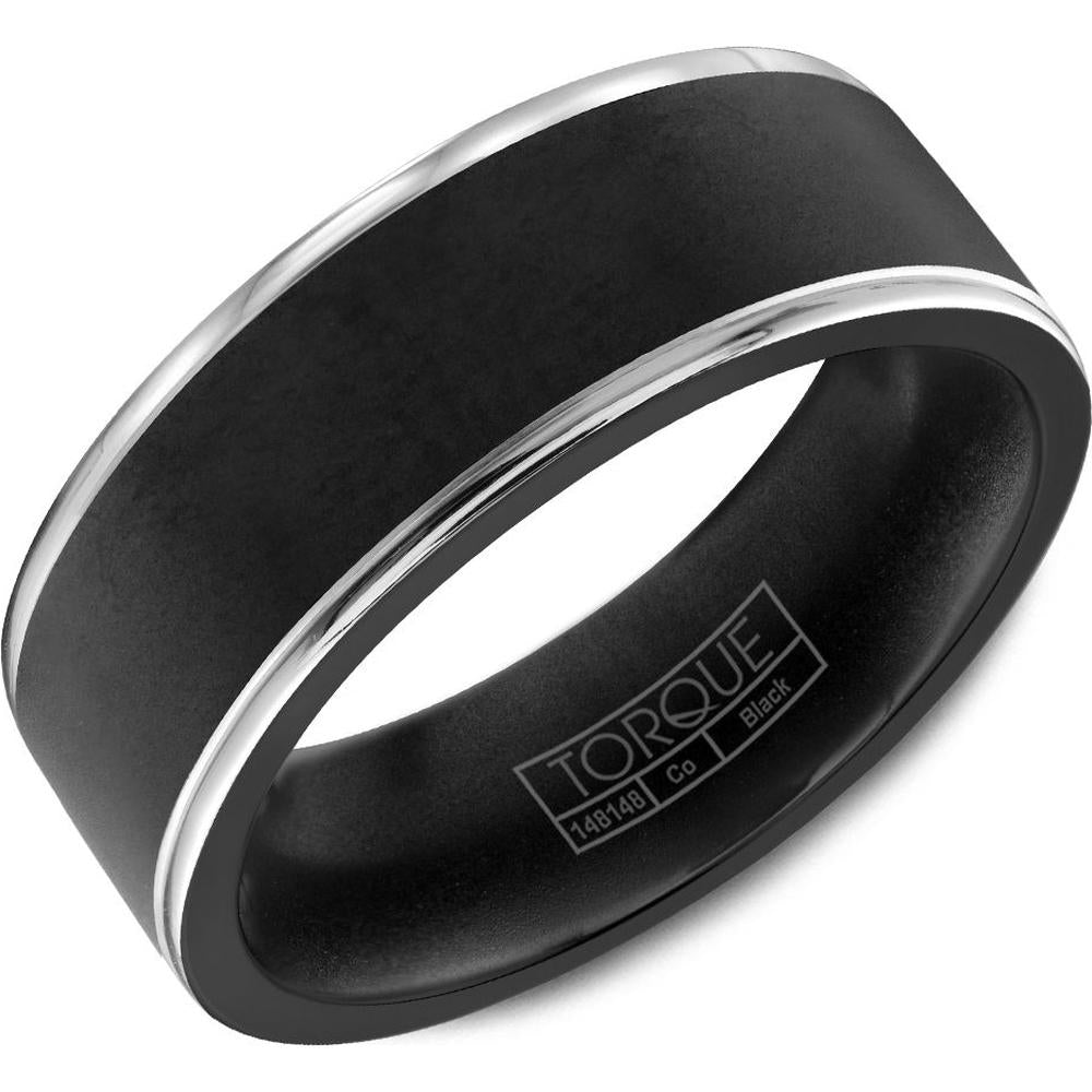 Torque Men's Wedding Band - Matte Black Band with Polished Silver Edges in Black Cobalt - 7mm Width from the Black Cobalt Collection