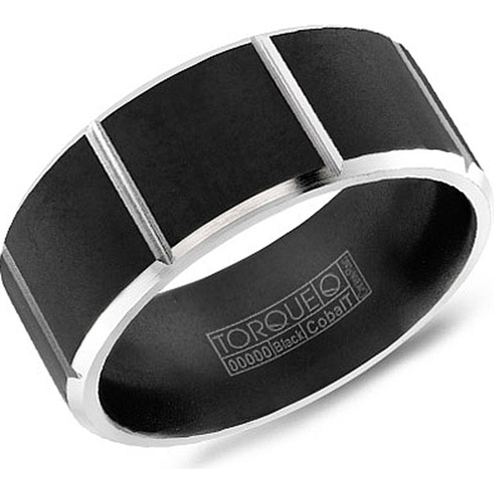 Torque Men's Wedding Band - Matte Black Band with Polished Silver Grooves and Beveled Edges in Black Cobalt - 9mm Width from the Black Cobalt Collection