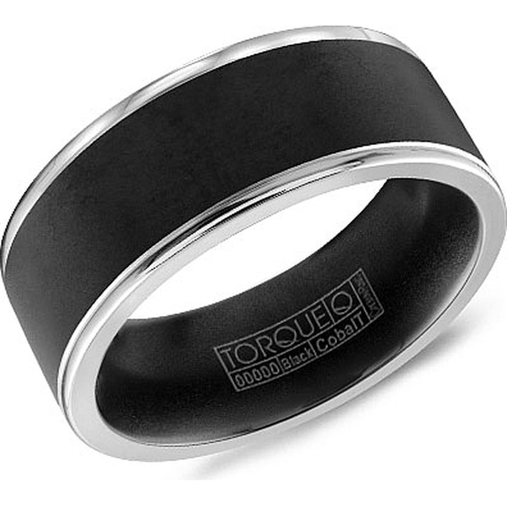 Torque Men's Wedding Band - Matte Black Band with Polished Silver Rounded Edges" in Black Cobalt - 9mm Width from the Black Cobalt Collection