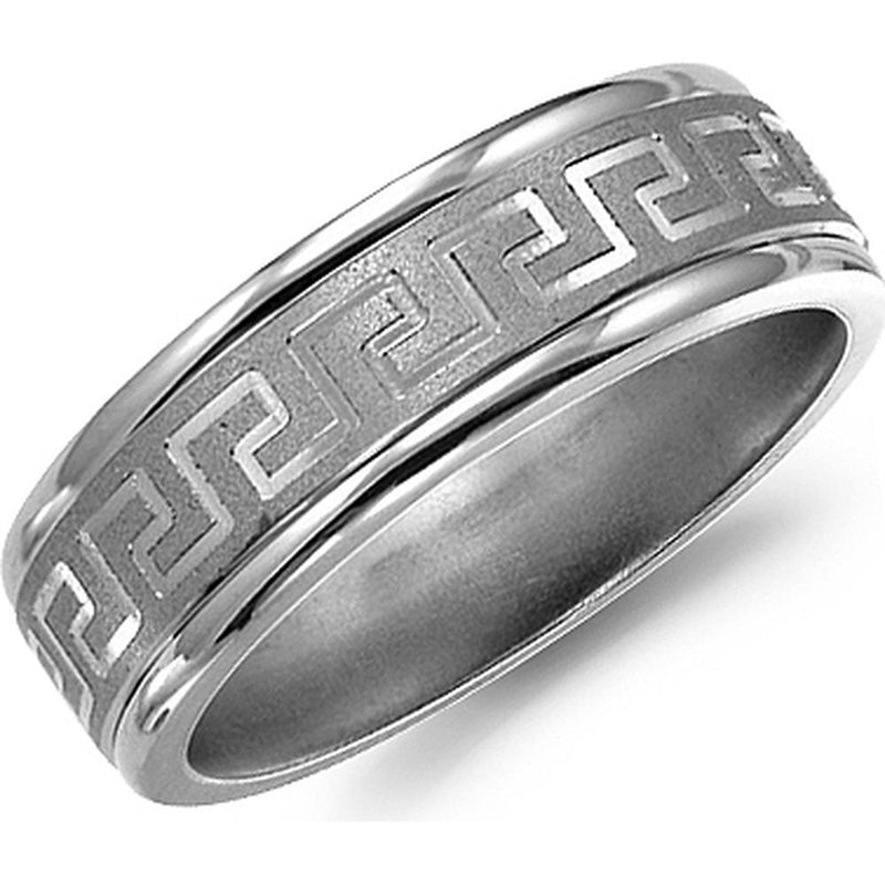 Torque Men's Wedding Band - Matte Finish Surface with Greek Key Pattern and Polished Edges in Titanium Titanium - 7mm Width from the Titanium Collection