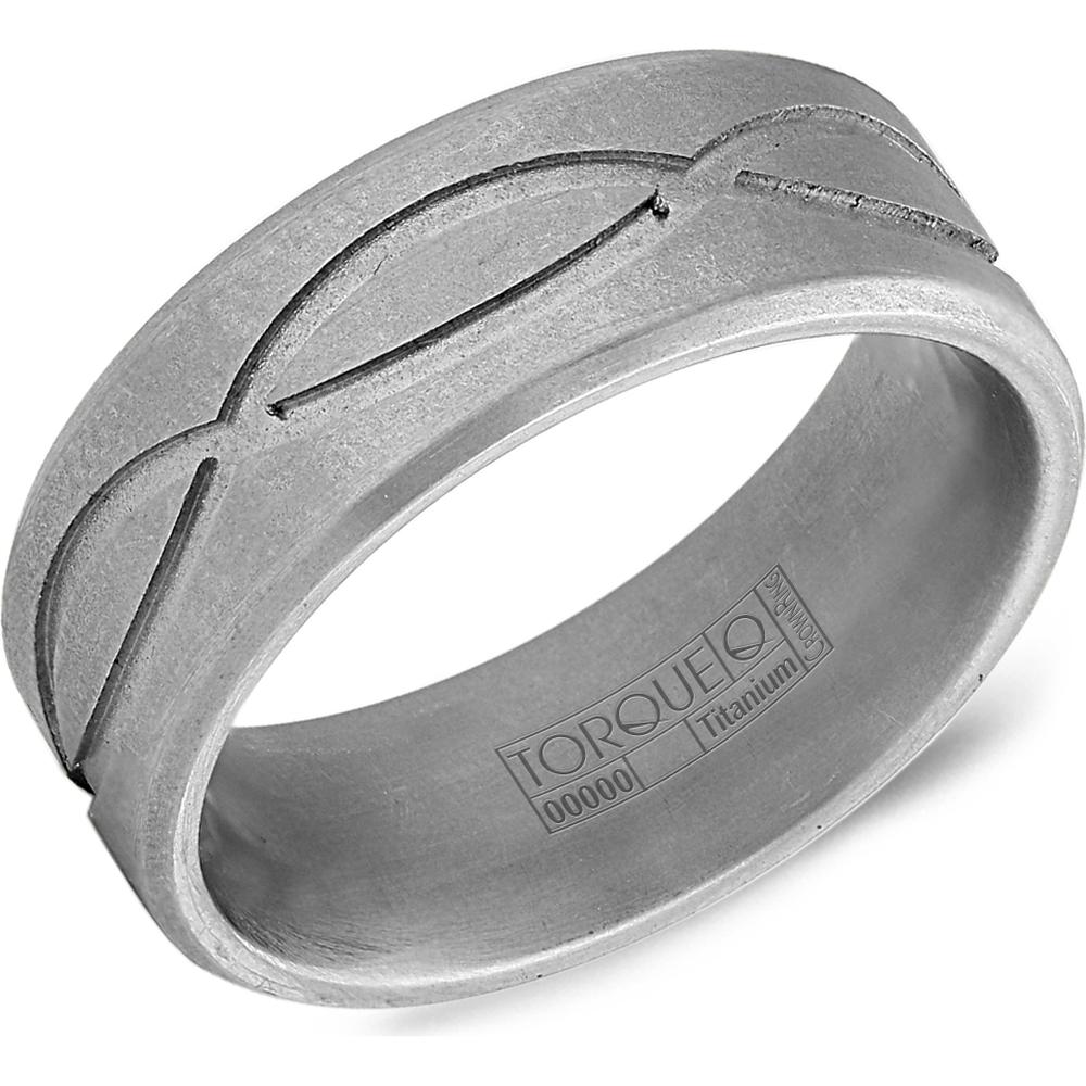 Torque Men's Wedding Band - Matte Finish with Engraved Curved Line Detail in Titanium Titanium - 8mm Width from the Titanium Collection