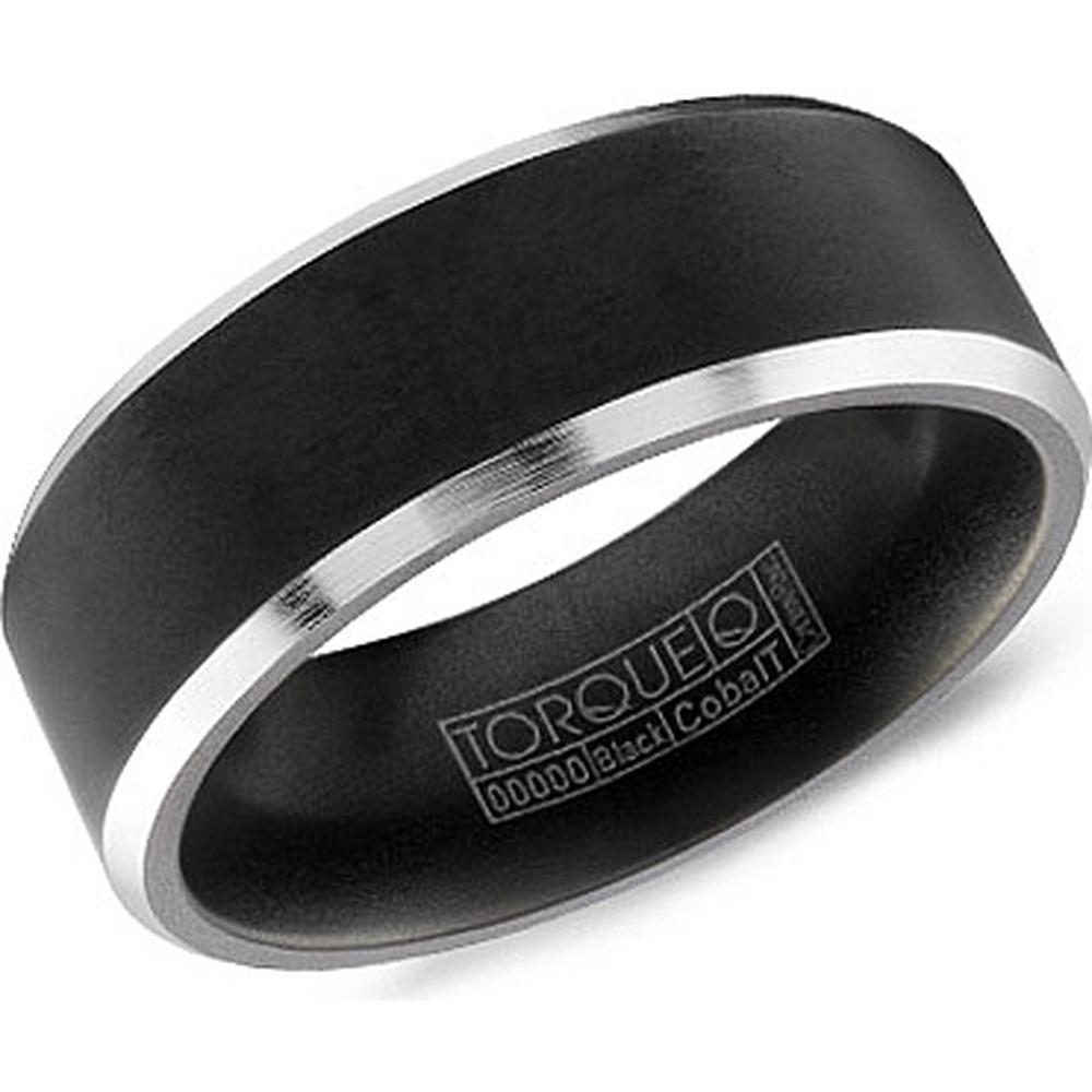 Torque Men's Wedding Band - Matte Flat Black Band with Beveled Silver Edges in Black Cobalt - 7mm Width from the Black Cobalt Collection
