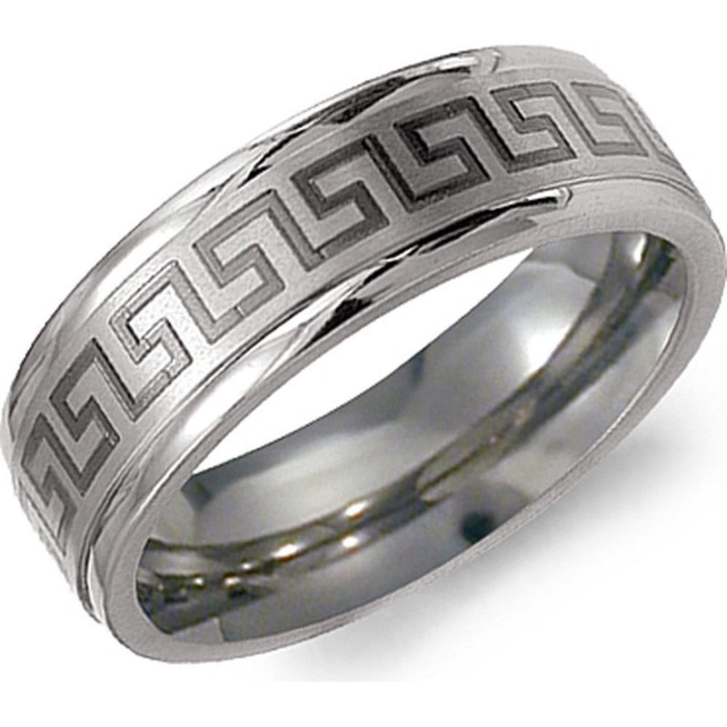 Torque Men's Wedding Band - Matte Greek Key Pattern with Polished Beveled Edges in Titanium Titanium - 7mm Width from the Titanium Collection