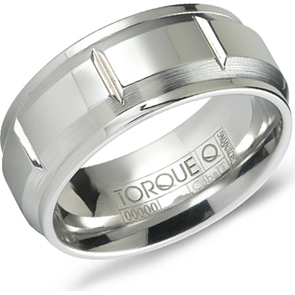 Torque Men's Wedding Band - Polished Band with Angular Block Accents and Brushed Edge Grooves in Cobalt - 9mm Width from the Cobalt Collection