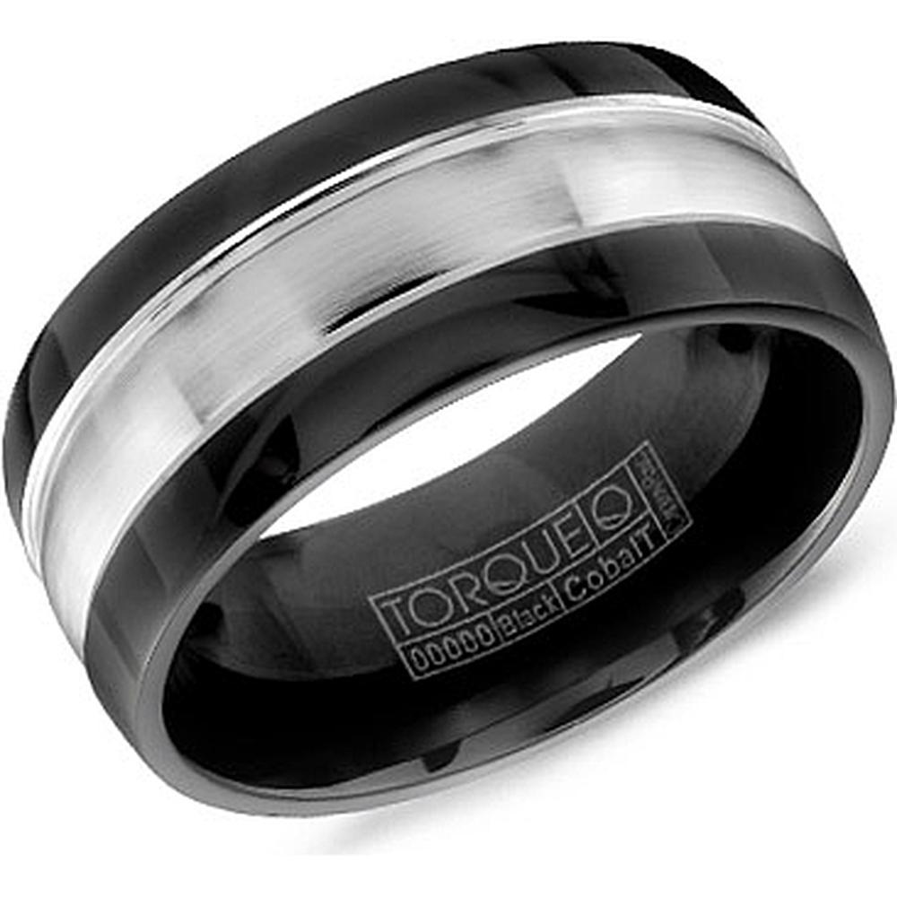 Torque Men's Wedding Band - Polished Black Band with Brushed Silver Inlay and Rounded Edges in Black & White Cobalt - 9mm Width from the Black Cobalt Collection