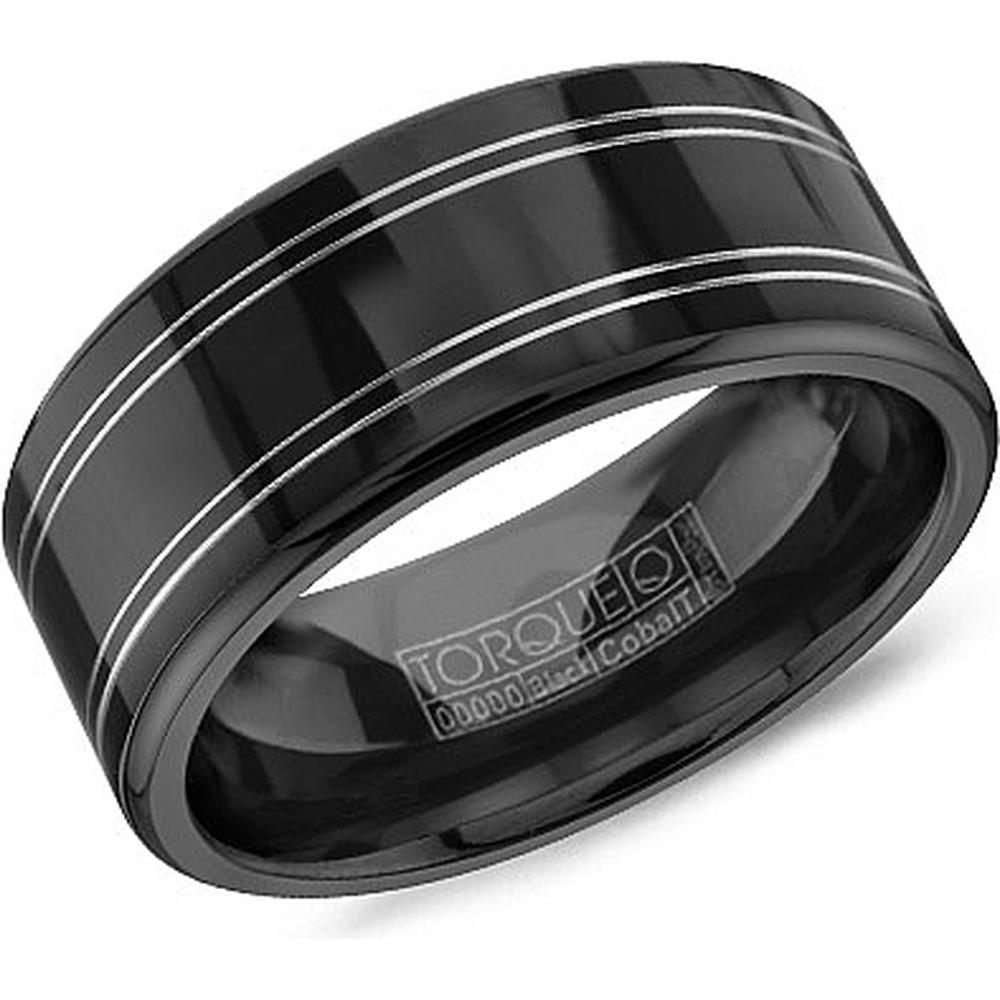 Torque Men's Wedding Band - Polished Black Band with Dual Silver Accent Grooves and Rounded Edges in Black Cobalt - 9mm Width from the Black Cobalt Collection
