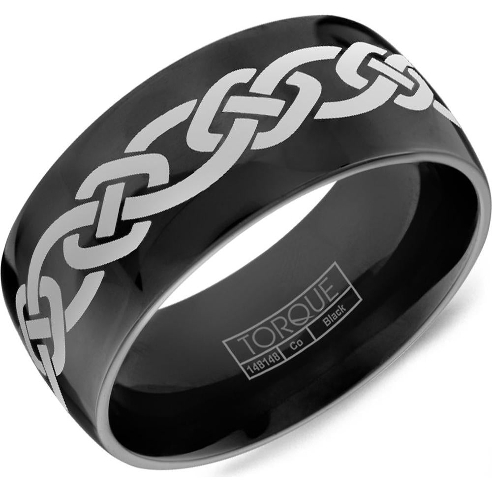 Torque Men's Wedding Band - Polished Black Band with Etched Silver Celtic Knot Design in Black Cobalt - 9mm Width from the Black Cobalt Collection