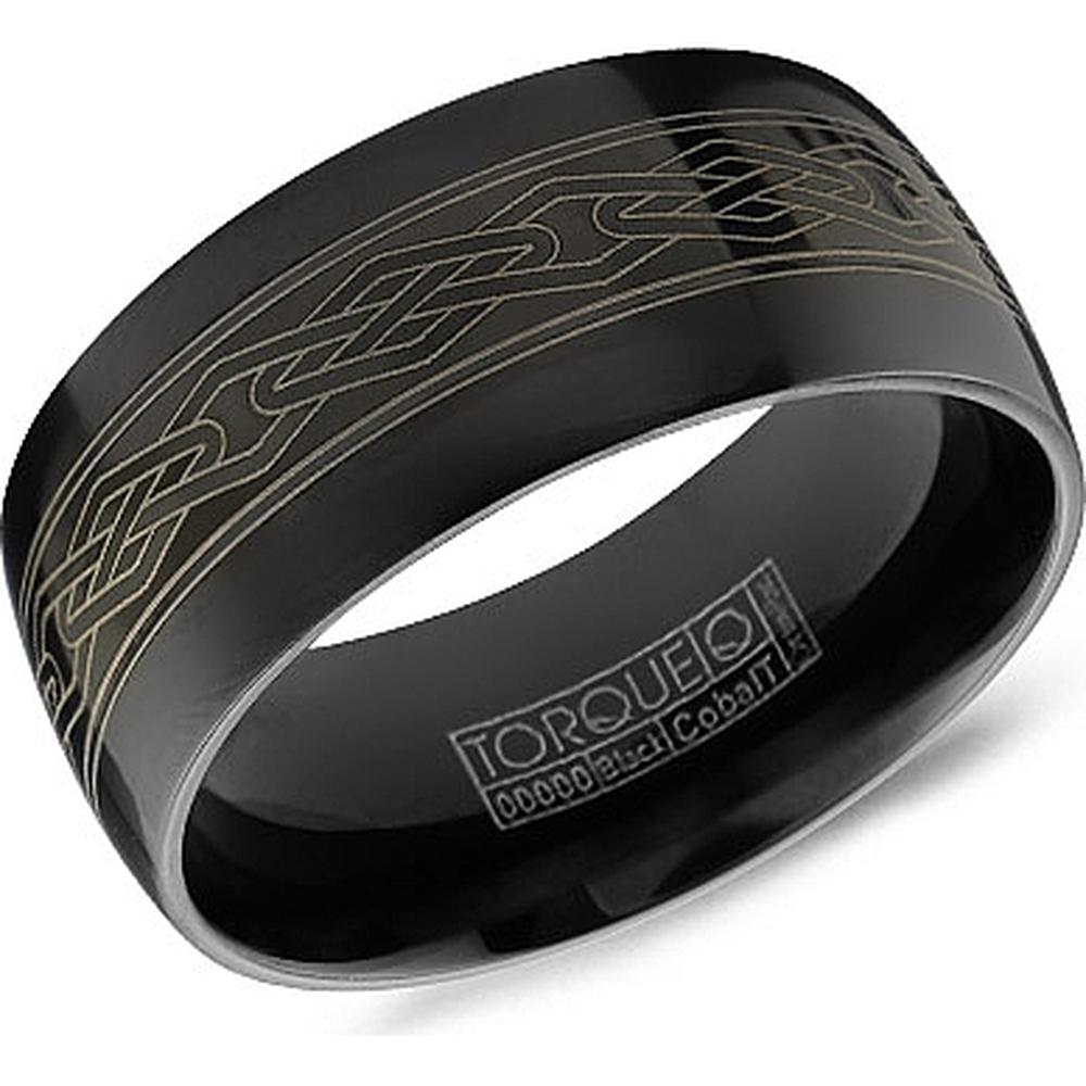 Torque Men's Wedding Band - Polished Black Band with Laser-Etched Celtic Knot Design in Black Cobalt - 9mm Width from the Black Cobalt Collection