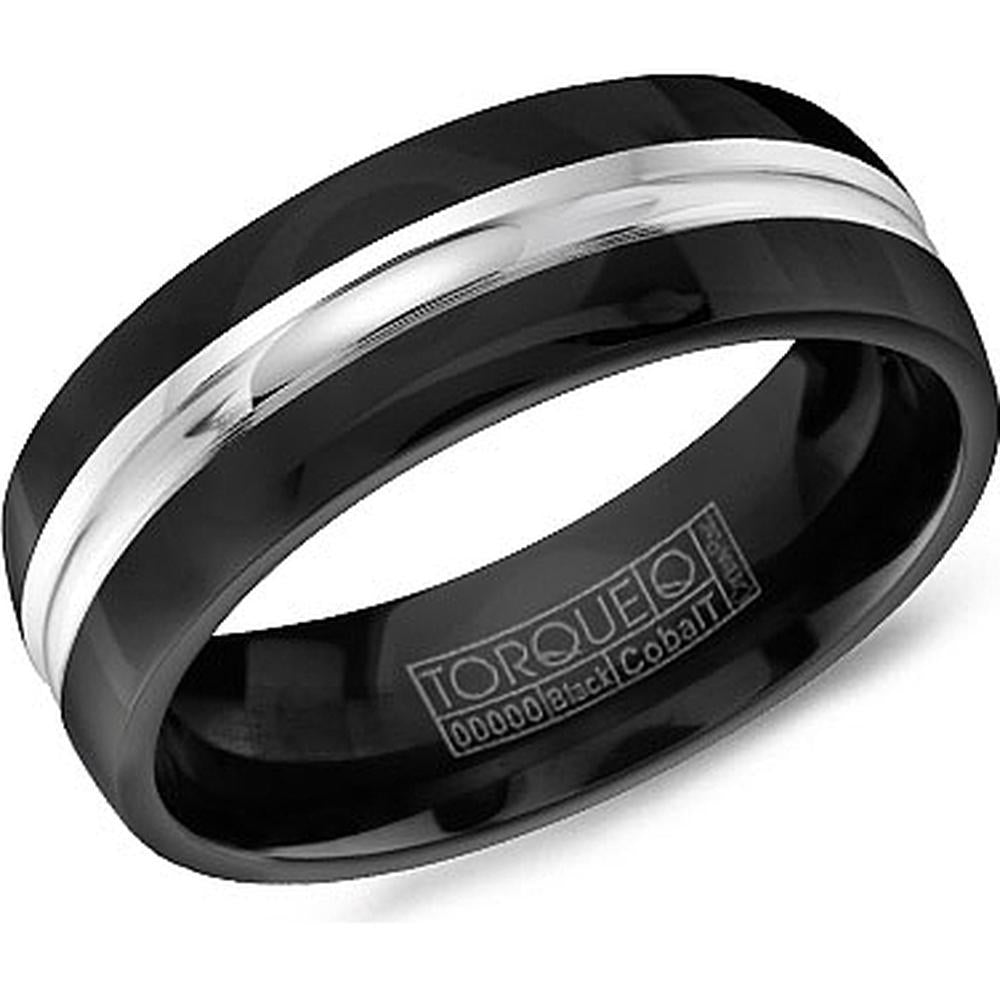 Torque Men's Wedding Band - Polished Black Band with Silver Center Inlay and Beveled Edges in Black Cobalt - 7mm Width from the Black Cobalt Collection
