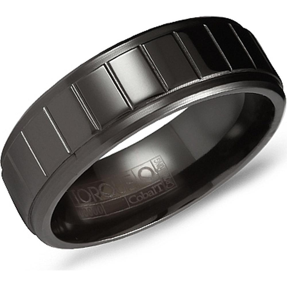 Torque Men's Wedding Band - Polished Black Band with Vertical Step Grooves and Beveled Edges in Black Cobalt - 7mm Width from the Black Cobalt Collection