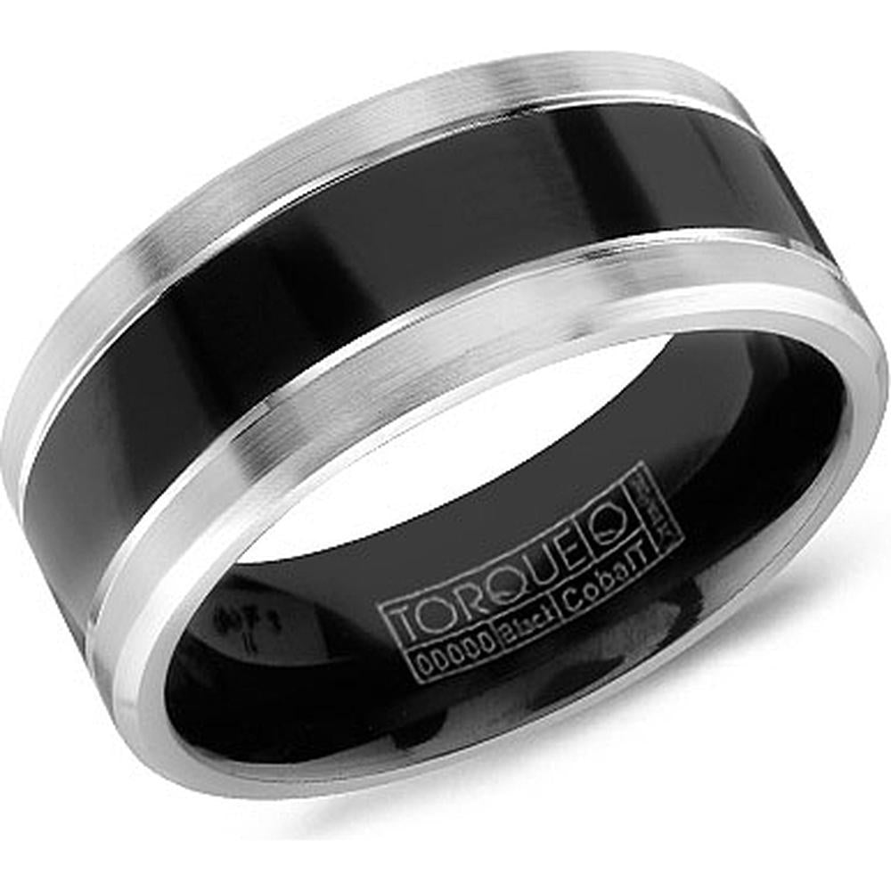 Torque Men's Wedding Band - Polished Black Center with Brushed Silver Beveled Edges in Black & White Cobalt - 9mm Width from the Black Cobalt Collection