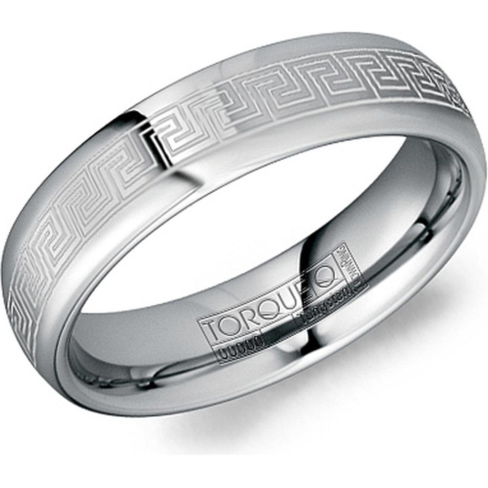 Torque Men's Wedding Band - Polished Finish with Engraved Greek Key Design in Tungsten Carbide - 6mm Width from the Tungsten Carbide Collection