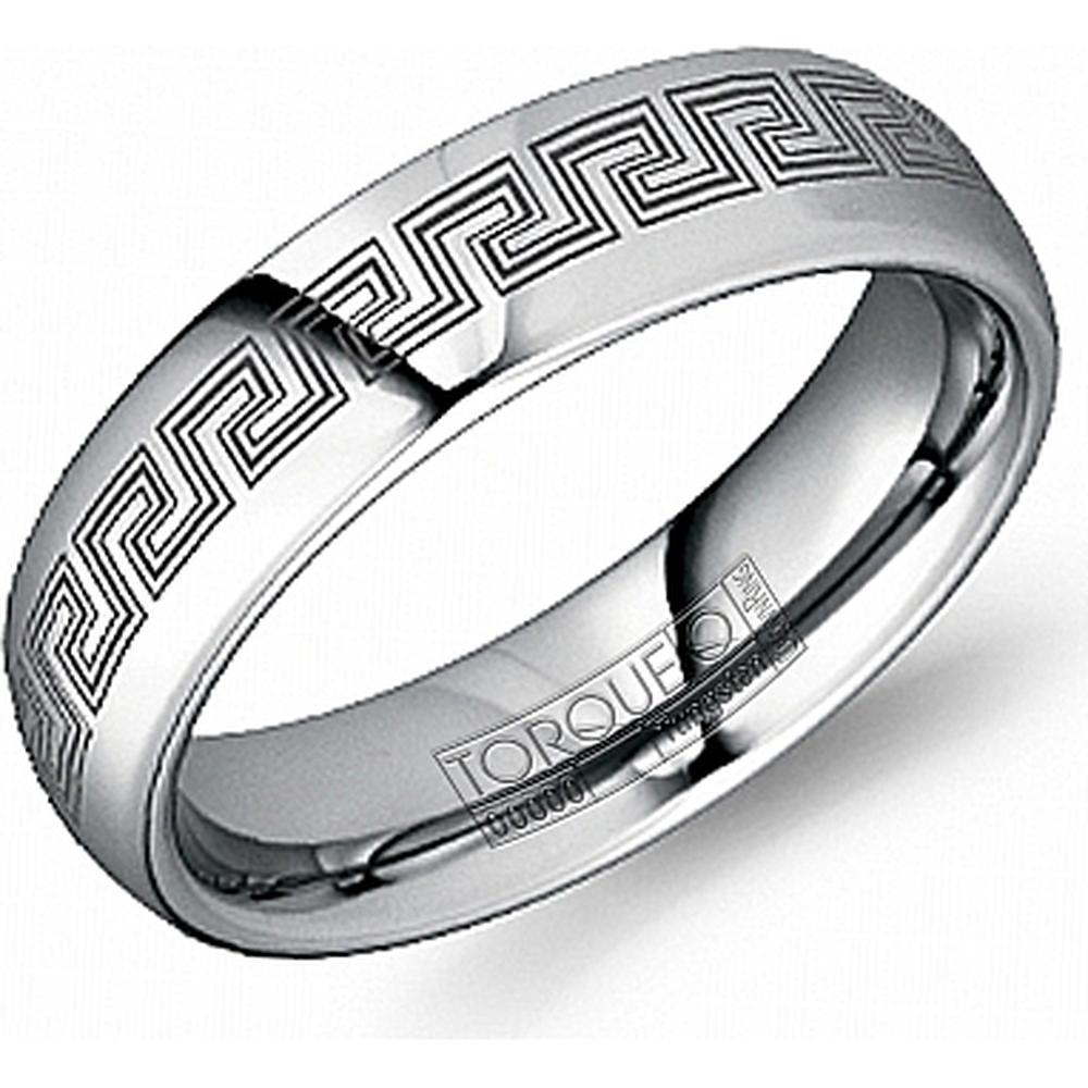 Torque Men's Wedding Band - Polished Finish with Engraved Greek Key Design in Tungsten Carbide - 6mm Width from the Tungsten Carbide Collection