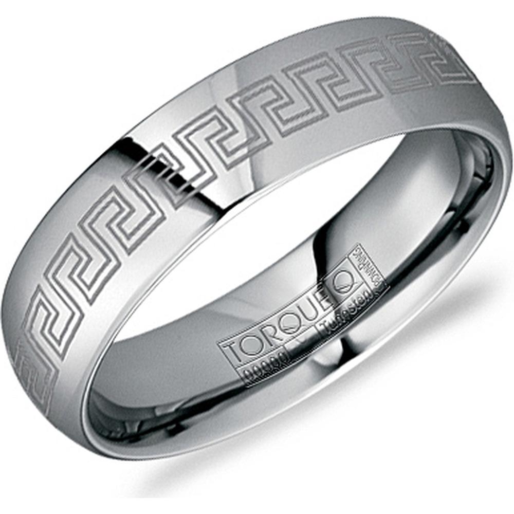 Torque Men's Wedding Band - Polished Finish with Engraved Greek Key Design in Tungsten Carbide - 6mm Width from the Tungsten Carbide Collection