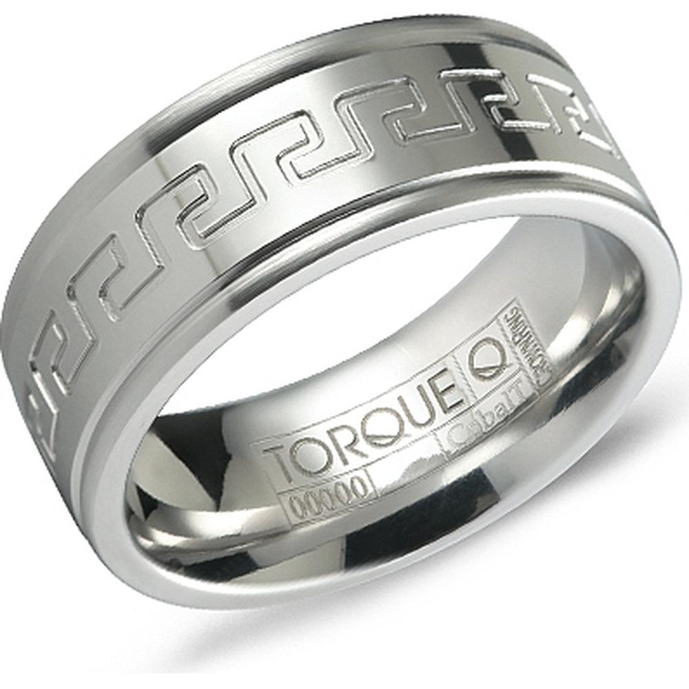 Torque Men's Wedding Band - Polished Finish with Engraved Greek Key Pattern in Cobalt - 9mm Width from the Cobalt Collection