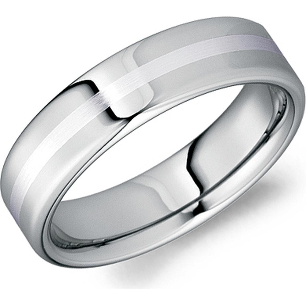 Torque Men's Wedding Band - Polished Finish with Satin Brushed Inlay Center in Tungsten Carbide, Platinum - 6mm Width from the Tungsten Carbide Collection