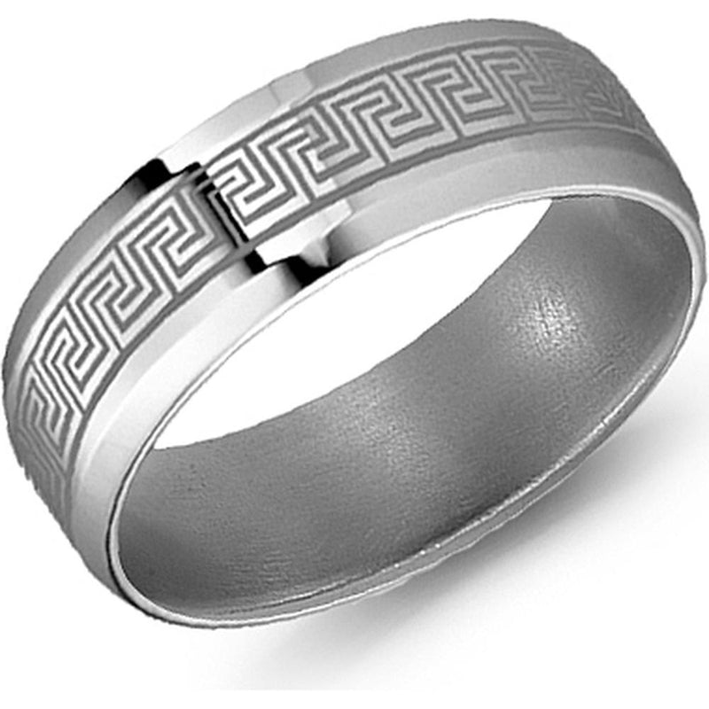 Torque Men's Wedding Band - Polished Surface with Matte Greek Key Design and Polished Edges in Titanium Titanium - 8mm Width from the Titanium Collection