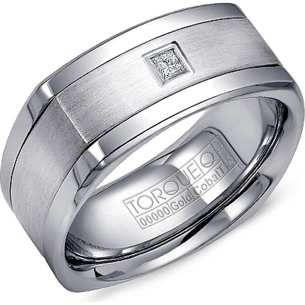 Torque Men's Wedding Band - Princess Cut Diamond in White Cobalt and 14K White Gold- 0.10ct - 9mm Width from the Cobalt Collection