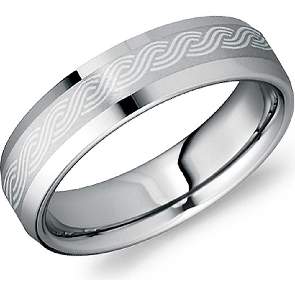 Torque Men's Wedding Band - Satin Brushed Finish with Engraved Woven Wave Pattern and Polished Edges in Tungsten Carbide - 6mm Width from the Tungsten Carbide Collection