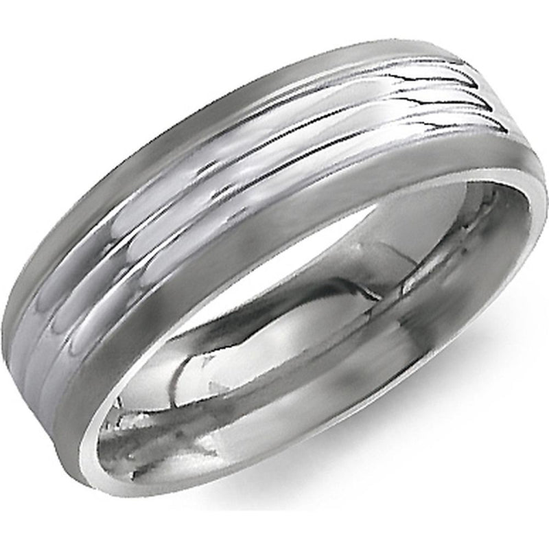 Torque Men's Wedding Band - Sleek Polished Band with Subtle Grooved Accents in Titanium/18K Titanium and White Gold - 7mm Width from the Titanium Collection