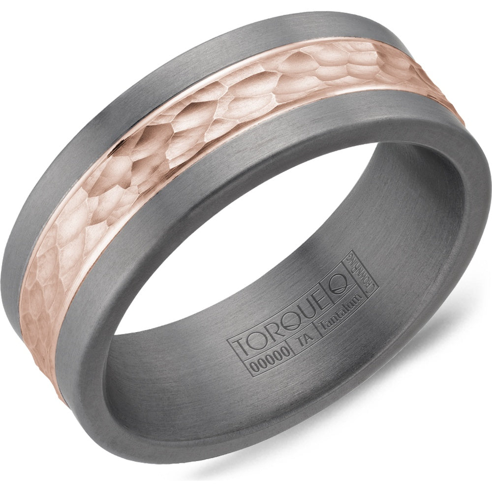 Torque Men's Wedding Band - Tantalum and 14K Rose Gold Hammered Inlay with Frosted Finish - 8mm Width from the Tantalum & Gold Collection