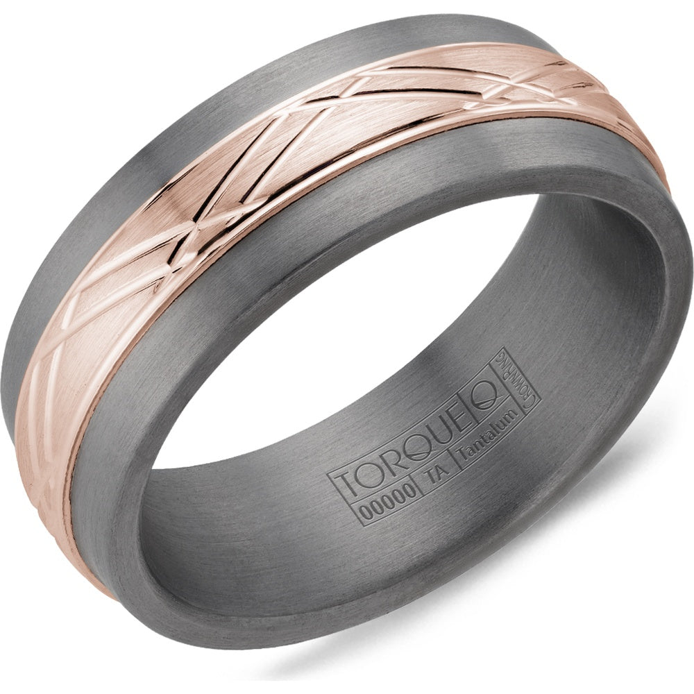 Torque Men's Wedding Band - Tantalum and 14K Rose Gold with Geometric Inlay - 8mm Width from the Tantalum & Gold Collection